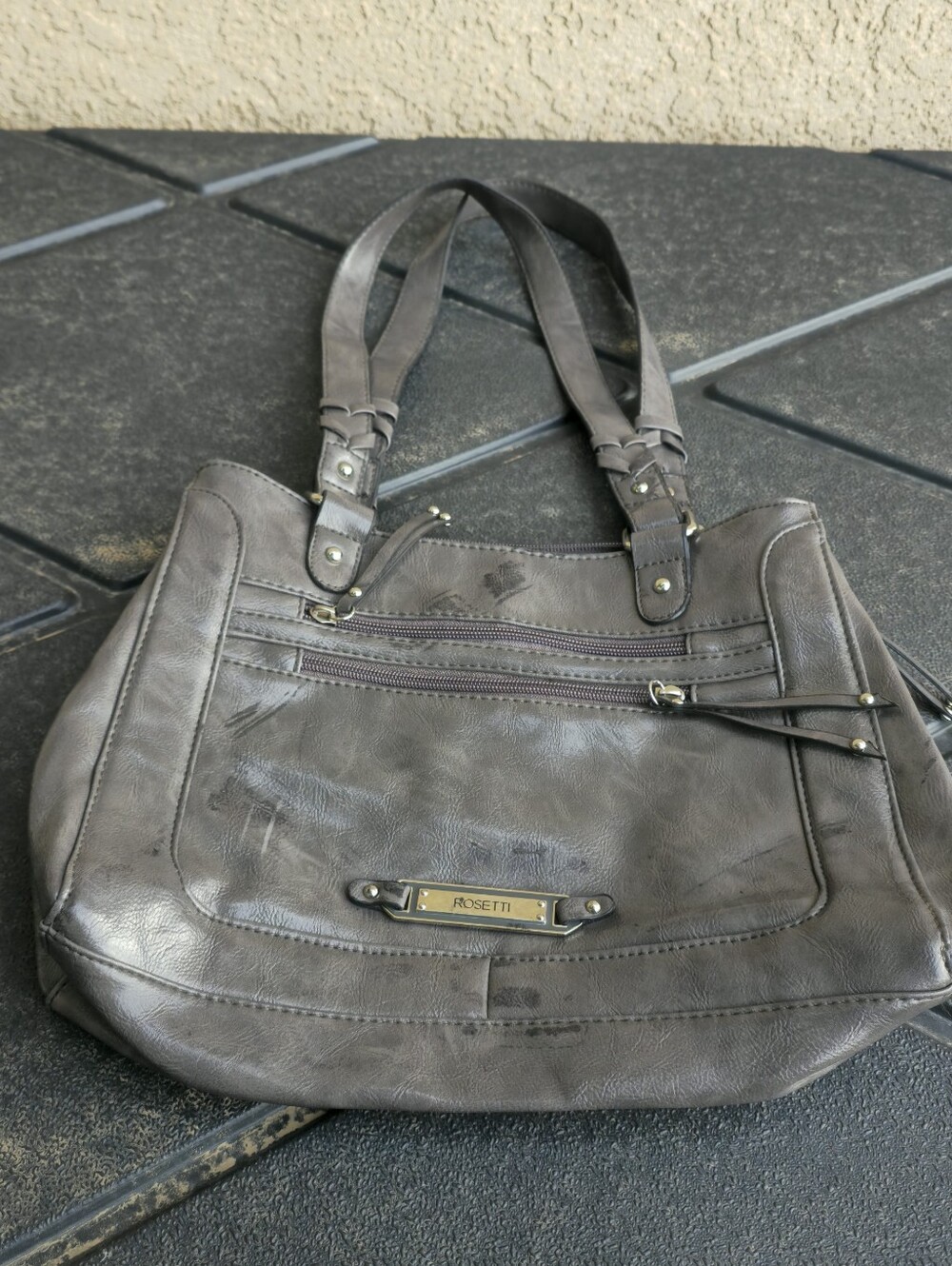 Rosetti Faux Leather Gunmetal Metallic Grey Purse Handbag - Medium Size
